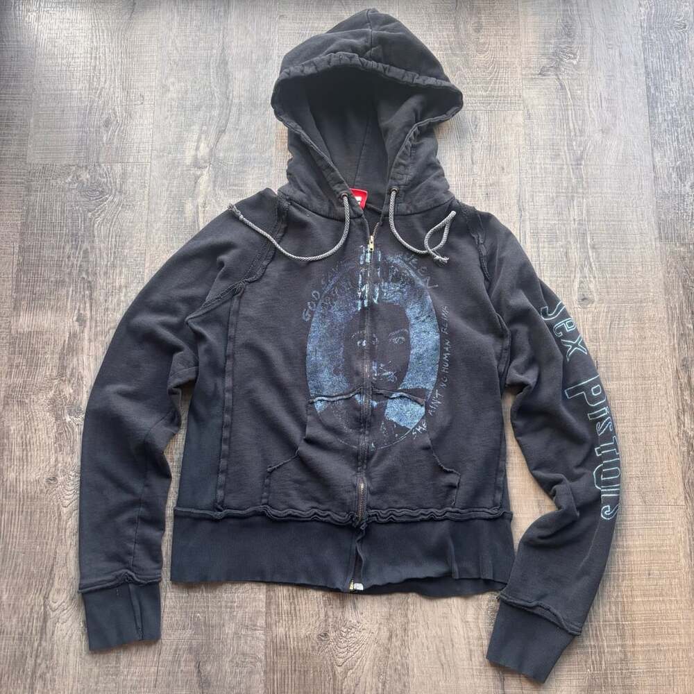 Vintage Sex Pistols 2005 Graphic Distressed Zip Up Hoodie Sun Faded Black